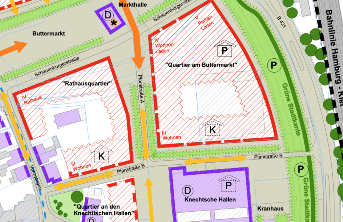 Bild vergrößern: Ein Ausschnitt aus dem Rahmenplan zeigt den Bereich zwischen Knecht'schen Hallen, Rathaus und Buttermarkt. Zwei neue Straßen sind eingezeichnet: Die Planstraße A von Nord nach Süd sowie die Planstraße B von Ost nach West.