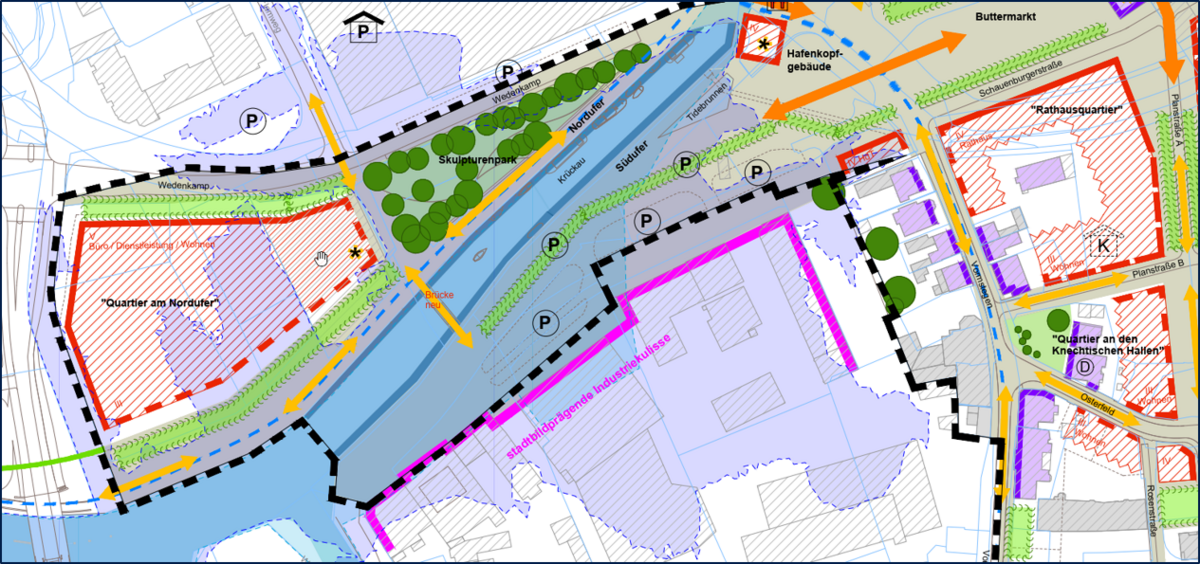Bild vergrößern: Der Ausschnitt des Rahmenplans zeigt im Fokus den Elmshorner Hafen. Demnach soll auf Höhe der Kölln-Werke und des Flamwegs eine weitere Brücke entstehen.