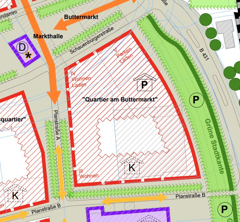 Bild vergrößern: Das Bild zeigt einen Ausschnitt des Rahmenplans, in dem das Quartier am Buttermarkt abgebildet ist. Dieses befindet sich zwischen der Berliner Straße (im Osten), der Planstraße A (im Westen) sowie zwischen der neuen Schauenburgerstraße (nördlich gelegen) und der Planstraße B (im Süden).