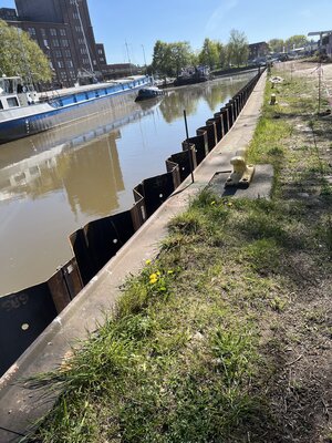 Bild vergr&ouml;&szlig;ern: Die neue Spundwand am Hafen-Nordufer aus der Richtung Wedenkamp-Br&uuml;cke gesehen.