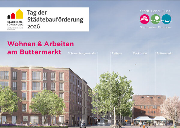 Bild vergr&ouml;&szlig;ern: Abbildung des neuen Rathauses im Stadtumbaugebiet - daneben die historische Markthalle.
