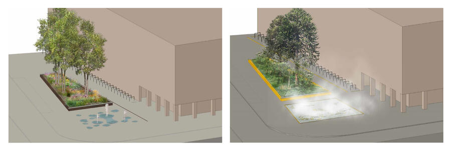 Bild vergrößern: Zwei Grafiken zeigen die möglichen Gestaltungsvarianten des Rathausvorplatzes.