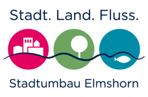 Bild vergr&ouml;&szlig;ern: Das Logo des Elmshorner Stadtumbau. Oben befindet sich der Slogan "Stadt. Land. Fluss.", darunter befinden sich drei nebeneinander angeordnete Kreise, durch deren Mitte ein angedeuteter Fluss flie&szlig;t. Der linke, rote Kreis zeigt st&auml;dtische Geb&auml;ude, der mittlere, gr&uuml;ne Kreis einen Baum, der rechte, blaue Kreis einen Fisch im Wasser. Darunter befindet sich die Erg&auml;nzung "Kr&uuml;ckau Vormstegen".