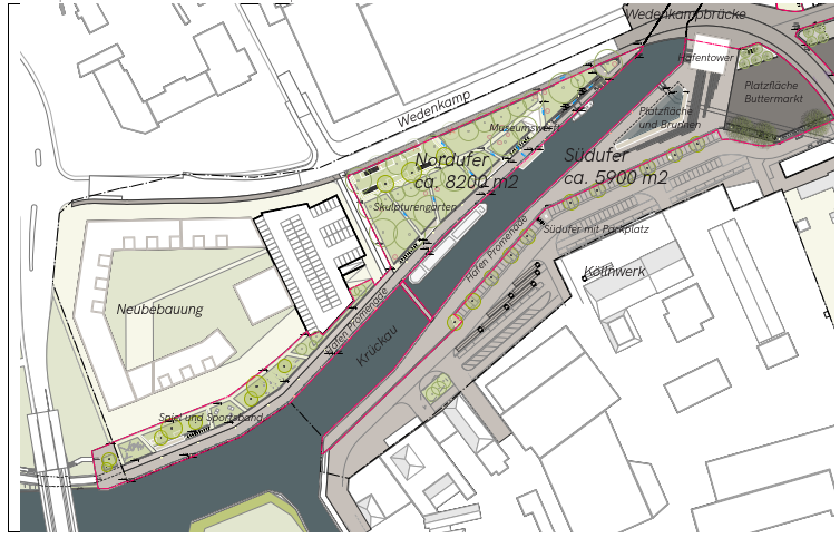 Bild vergrößern: Die Übersichtskarte zeigt den Vorentwurf des neu gestalteten Hafens. Das Nord- und Südufer werden zu attraktiven Aufenthaltsflächen aufgewertet.