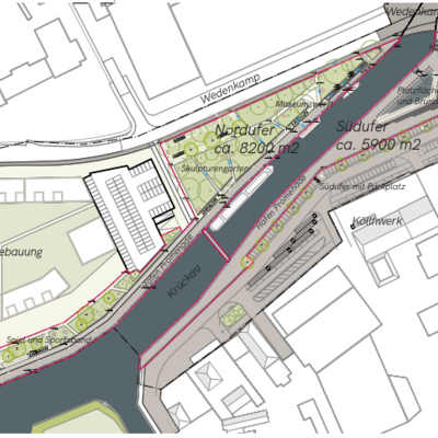 Die Übersichtskarte zeigt den Vorentwurf des neu gestalteten Hafens. Das Nord- und Südufer werden zu attraktiven Aufenthaltsflächen aufgewertet. 