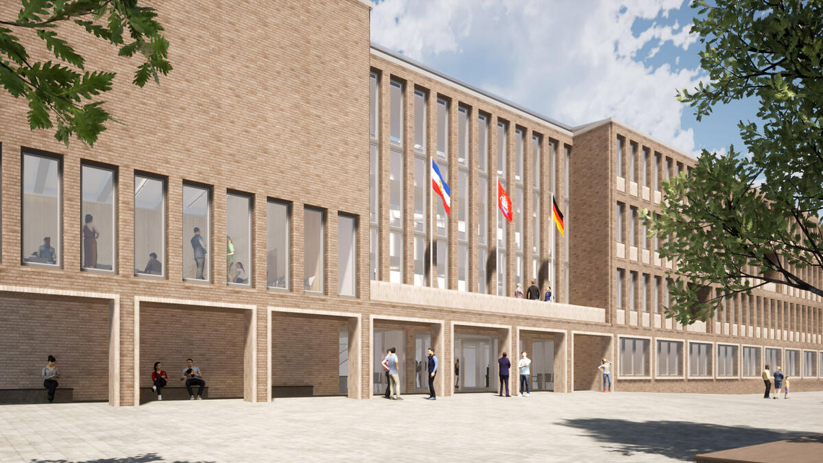 Bild vergrößern: Das Bild zeigt eine Visualisierung des neuen Rathauses. In der Bildmitte befindet sich der Haupteingang mit einem Balkon und einer klar gegliederten Fensterfront. Links schließt sich der Kollegiumssaal mit einer von Backstein geprägten Fassade an.