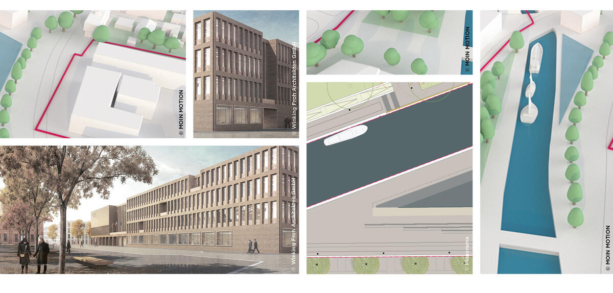 Bild vergrößern: Die Einladungskarte der Einwohnerversammlung zeigt eine Collage aus Visualisierungen des neuen Rathauses sowie der geplanten Umgestaltung des Hafens.